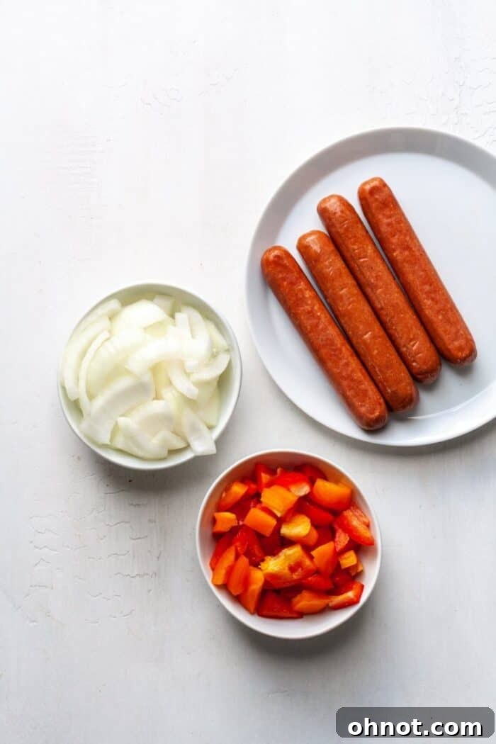 Sausages with peppers and onions