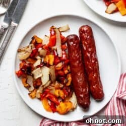 Keto air fryer Bratwurst with peppers and onions