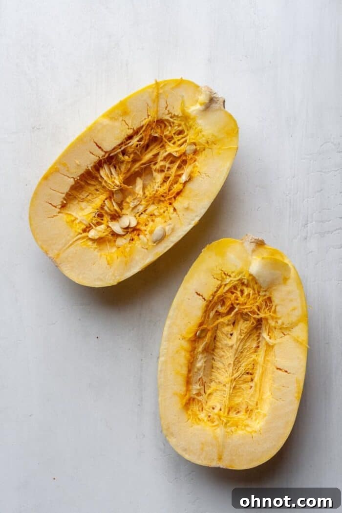 Spaghetti squash sliced in half lengthwise