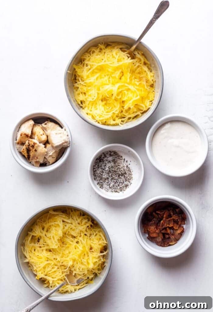 Close-up of shredded spaghetti squash with cooked chicken, crispy bacon bits, and creamy Ranch dressing, ready to be mixed.