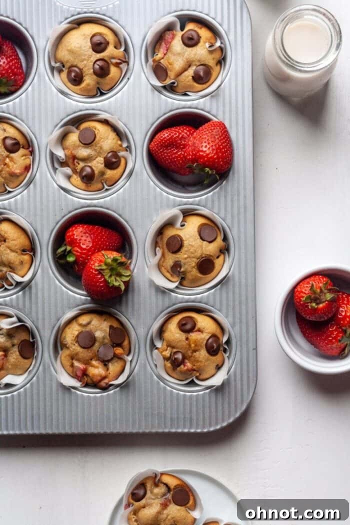 A close-up of gluten-free dairy-free strawberry chocolate chip muffins, showcasing their golden tops and delicious texture.