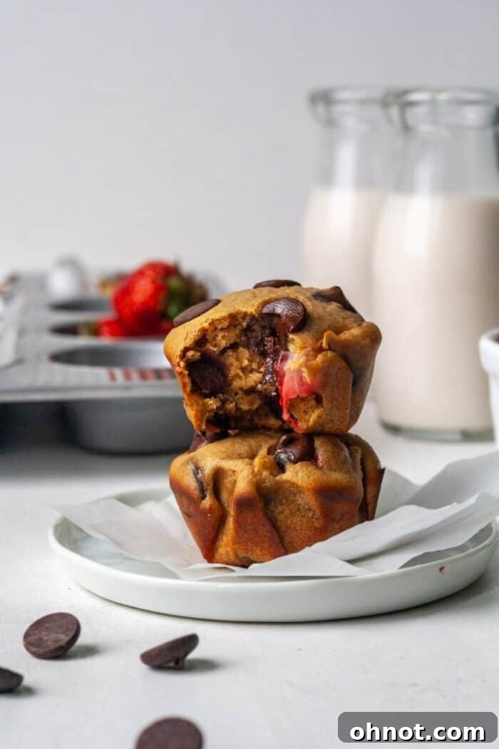 A close-up shot of Paleo strawberry chocolate chip muffins, displaying their perfectly baked tops and inviting textures.