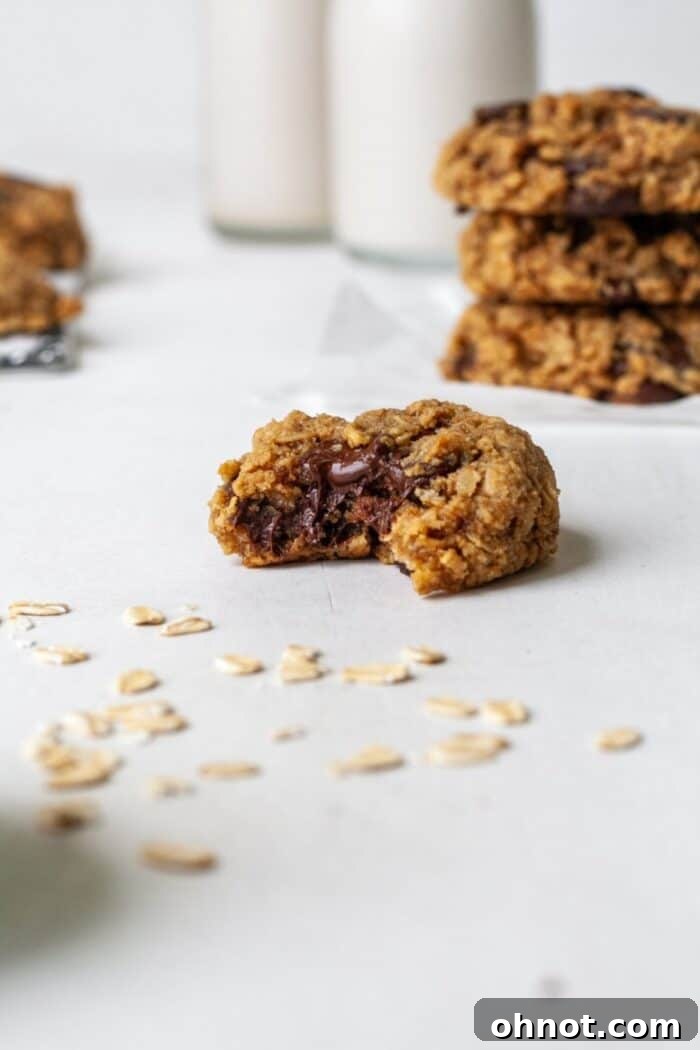 A single perfectly baked almond flour oatmeal chocolate chip cookie placed on a clean white background.