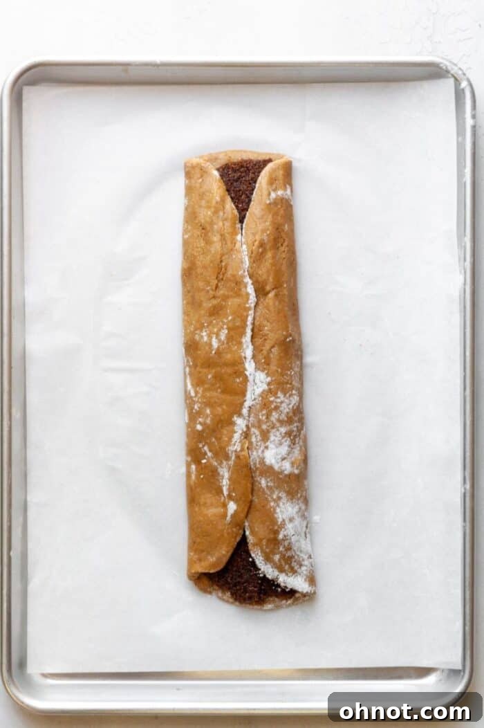 The rolled log of cookie dough with the fig filling completely encased, ready for slicing.