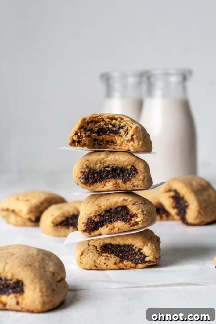 A close-up shot of several Paleo Fig Newtons, showing their golden crust and juicy fig filling, ready to eat.