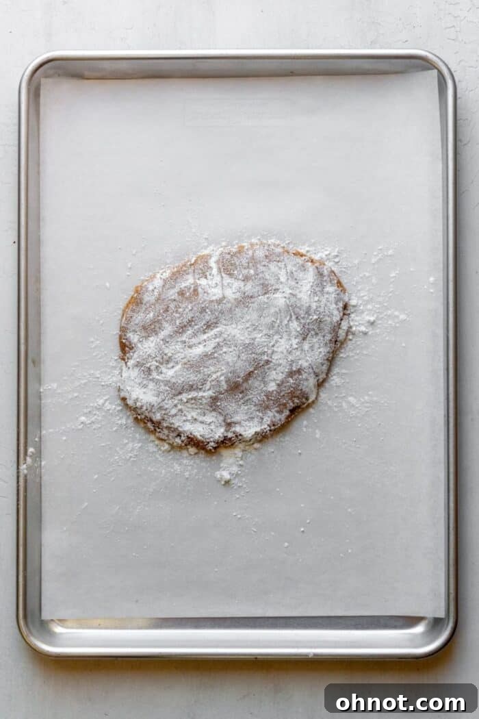The dough ball lightly sprinkled with tapioca flour, preparing for rolling.