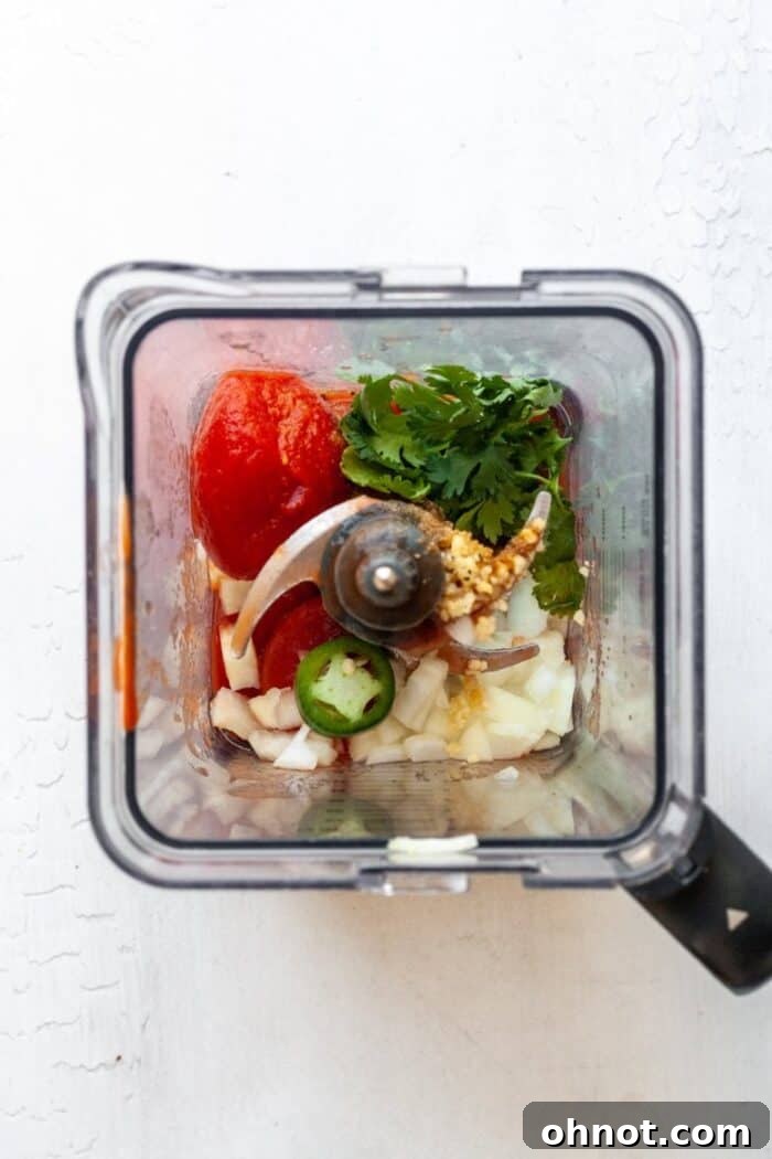 Blender with tomatoes, cilantro, onions, and garlic inside