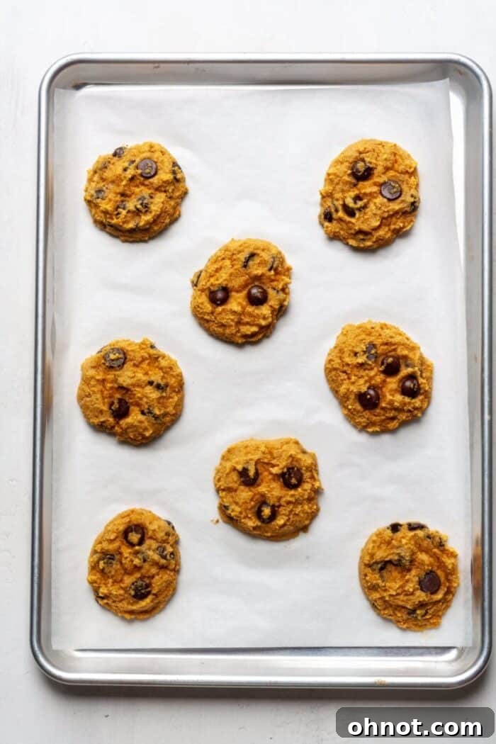 Freshly baked Paleo pumpkin cookies on a baking pan, golden and soft