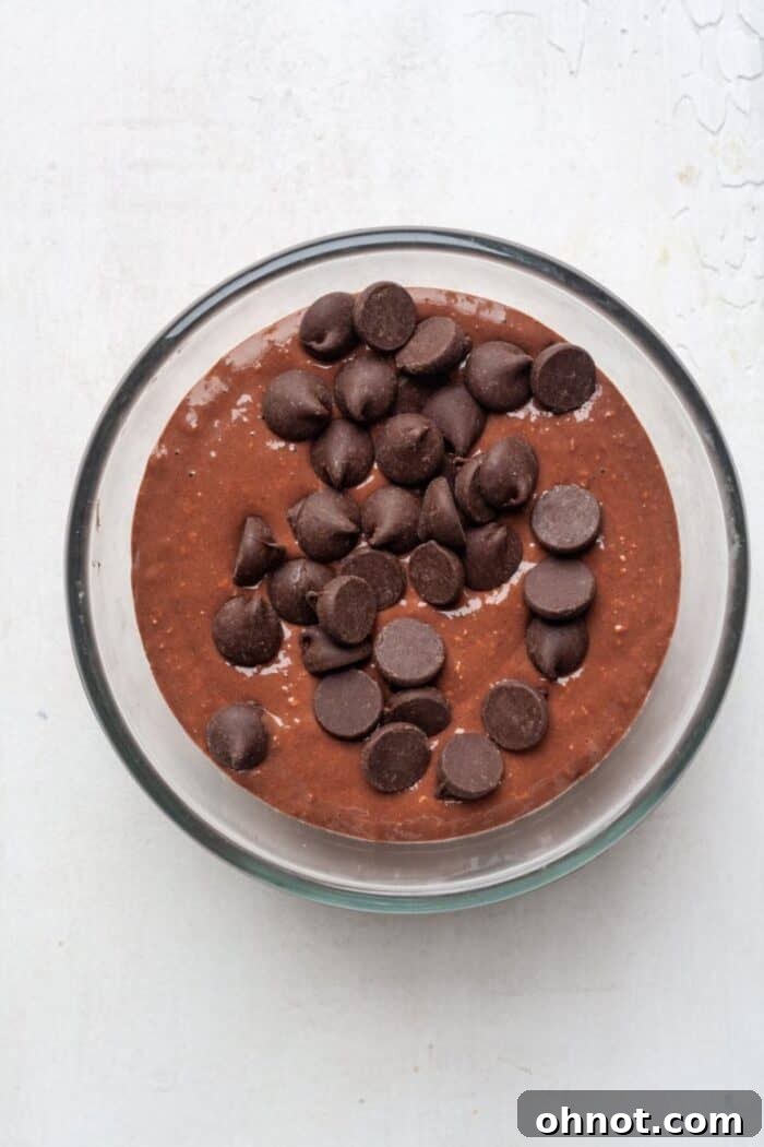 Chocolate oatmeal batter in a bowl with dark chocolate chips folded in