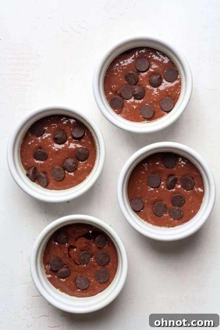 Four ramekins filled with chocolate oatmeal batter, garnished with extra chocolate chips