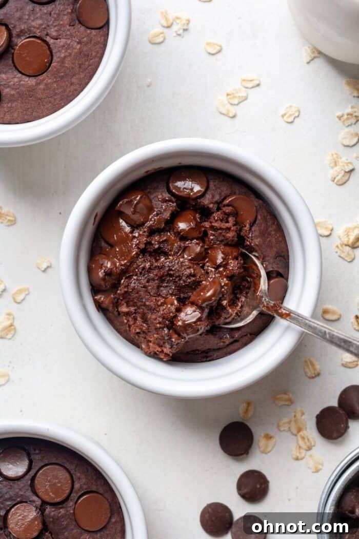 A close-up shot of rich, dark chocolate baked oatmeal, indicating its deep flavor and moist texture