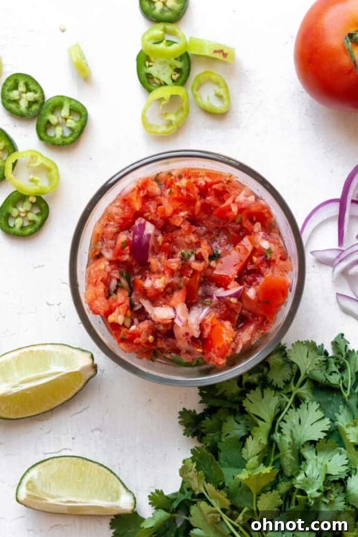 Vibrant homemade Whole30 salsa in a clear glass bowl, artfully surrounded by its fresh ingredients like ripe tomatoes, aromatic cilantro, and zesty limes, showcasing its natural goodness.