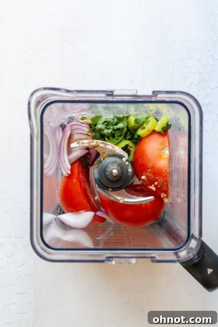 All the fresh ingredients for homemade salsa, including chopped tomatoes, onions, peppers, and cilantro, have been loaded into the basin of a food processor, ready for the next step of blending.