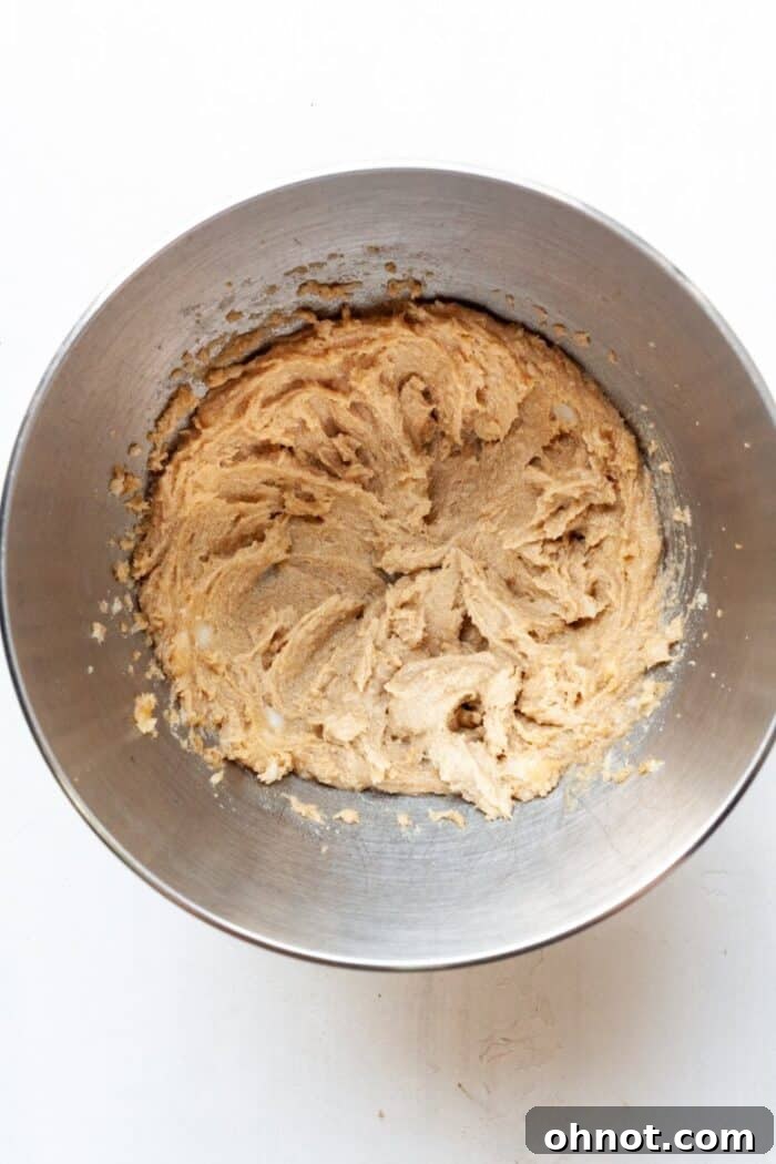 Creamed coconut oil and sugars in a stand mixer bowl, preparing vegan cookie dough.