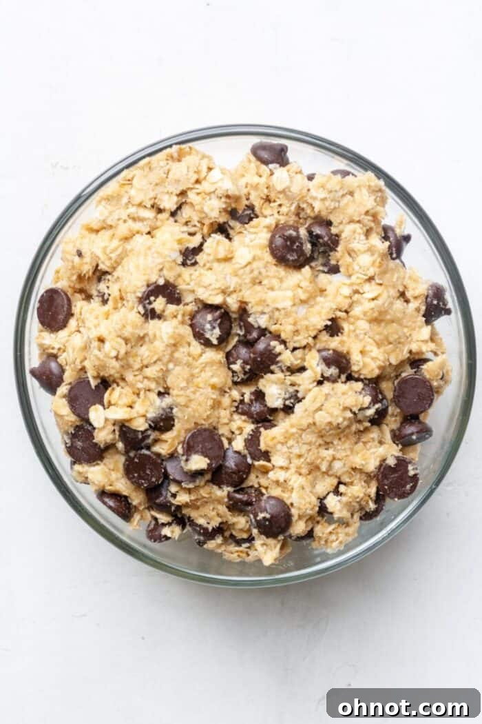 Vegan oatmeal cookie dough with dark chocolate chips folded in, ready to be scooped.