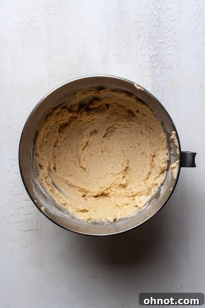 Smooth, thick muffin batter in a mixing bowl, perfectly blended and ready for the addition of blueberries, destined to become soft cassava flour muffins.