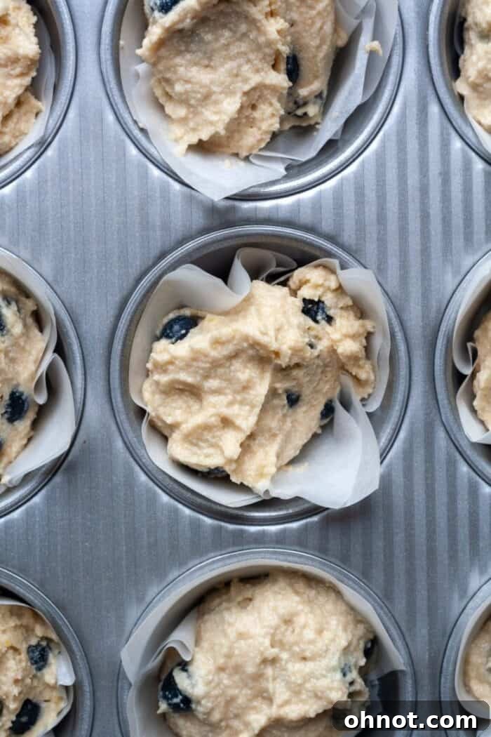 Raw lemon blueberry muffins in a baking pan, batter evenly distributed in liners, poised for baking into golden, gluten-free treats.