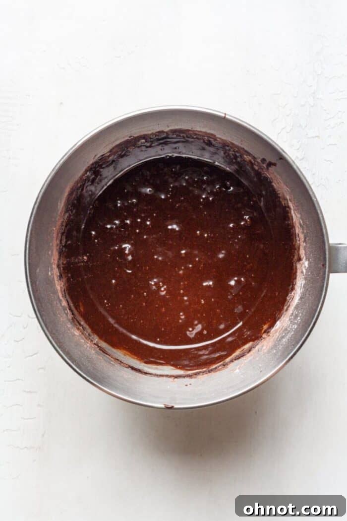 Brownie batter in a bowl after dry ingredients are mixed in, ready for the next step
