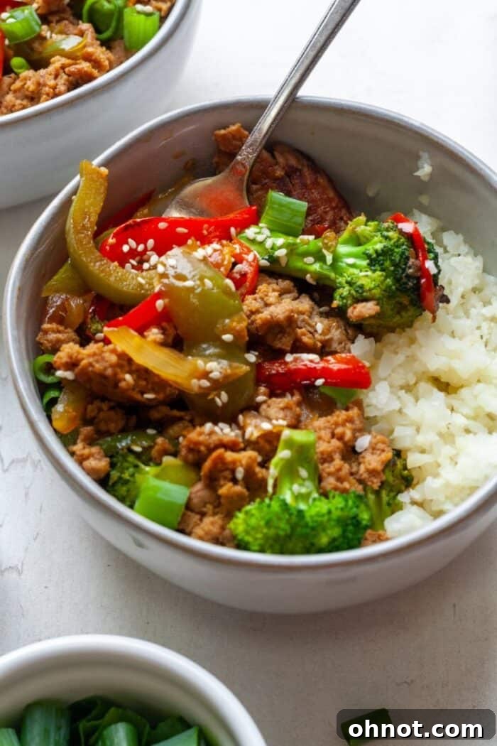 Turkey and veggie bowl, showcasing the colorful ingredients.