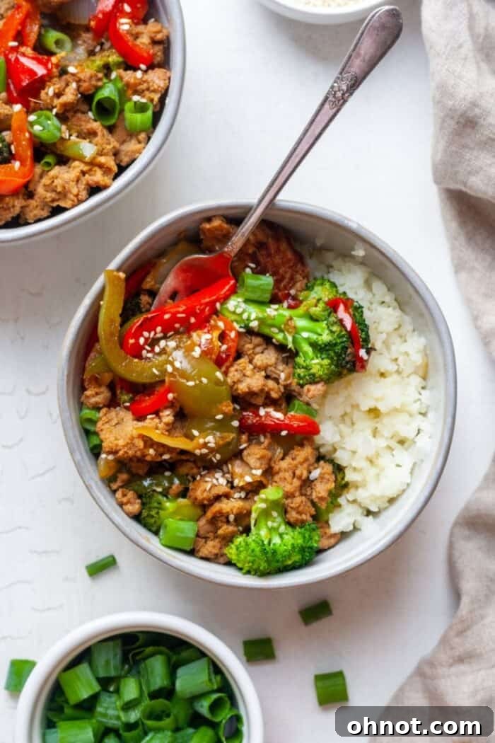 Gluten-free ground turkey teriyaki bowls arranged beautifully for serving.