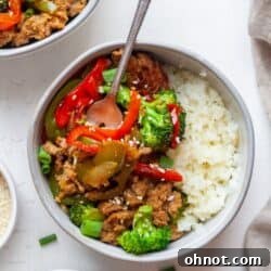 Ground turkey with teriyaki sauce in bowls