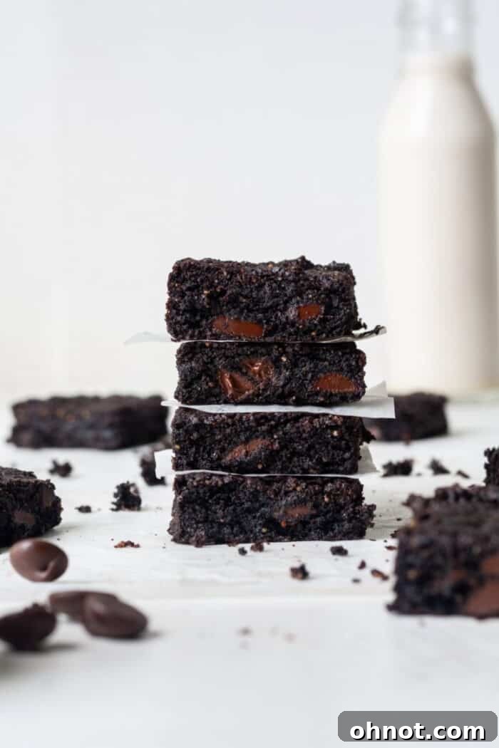 Close-up of vegan egg-free brownies, demonstrating their rich brown color and delicate cracks