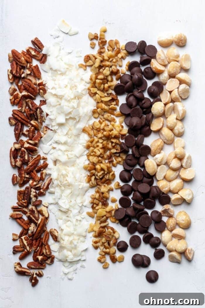 A beautiful spread of Keto-friendly nuts and sugar-free chocolate, ready for mixing.