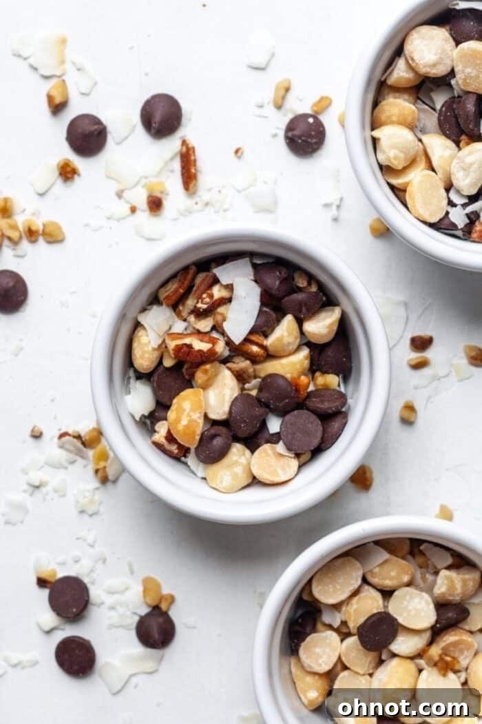 Close-up of low carb trail mix, highlighting the varied textures and ingredients.