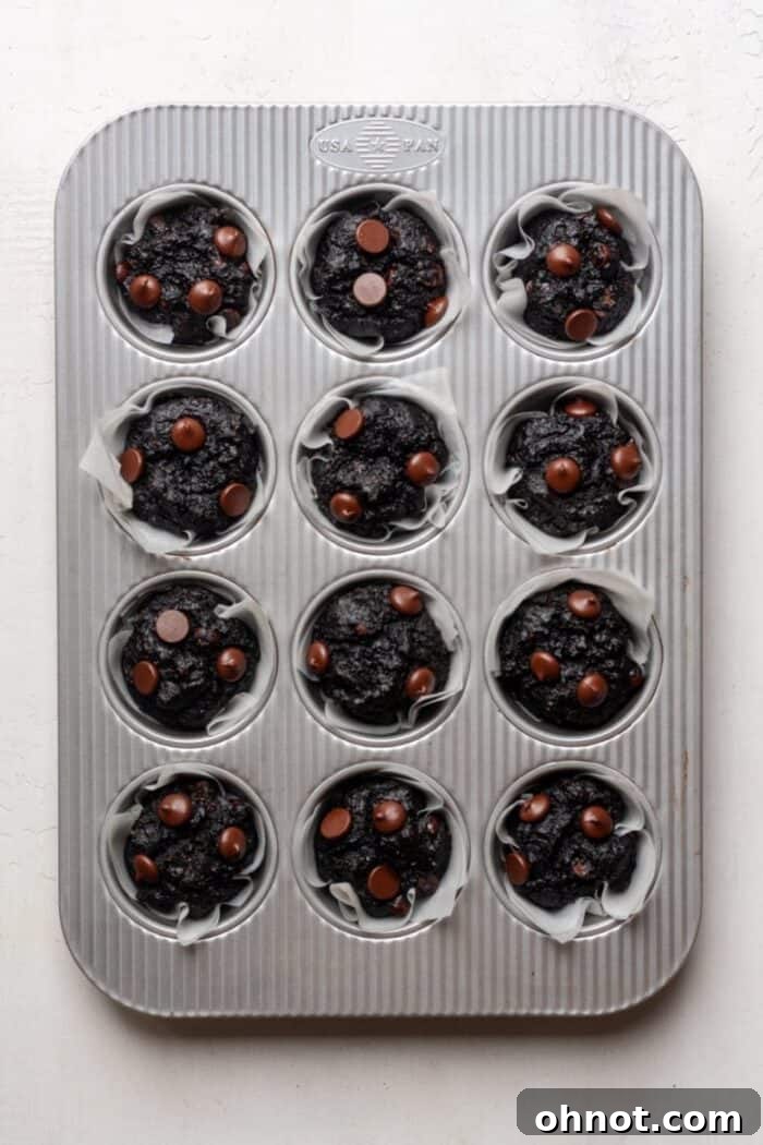 A delicious batch of chocolate muffins, just out of the oven, cooling gracefully in the muffin pan.