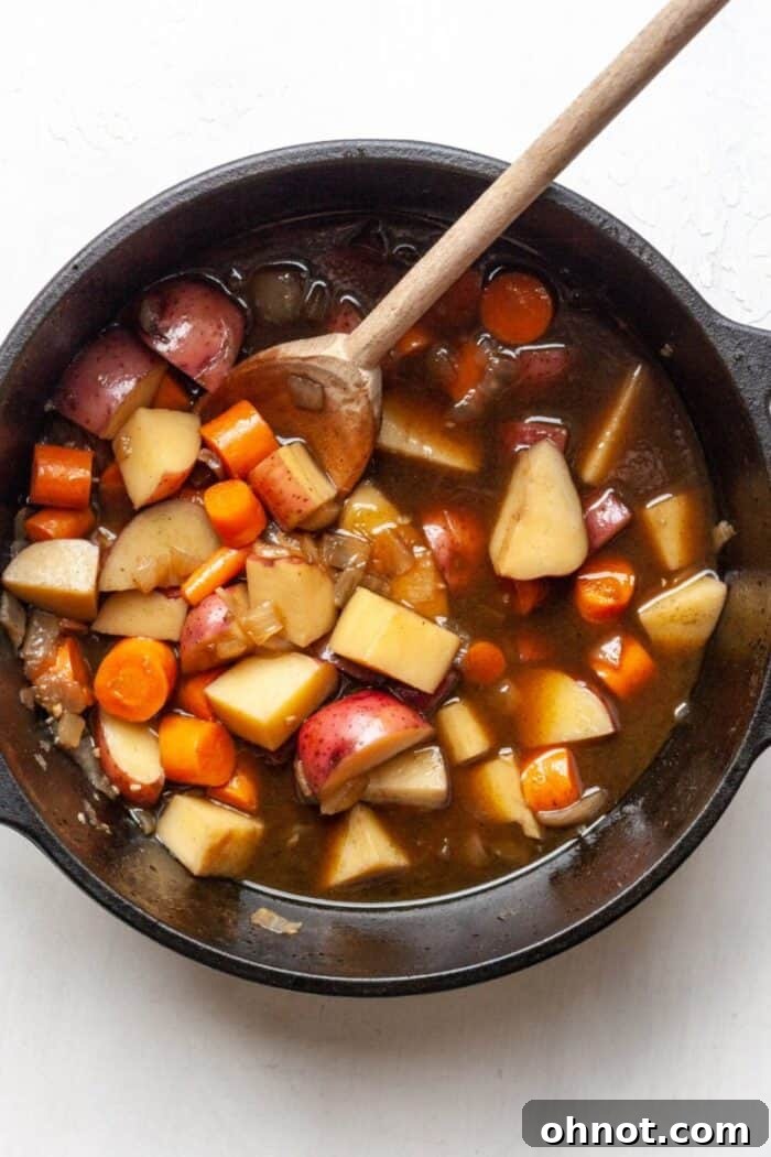 Vegan beef stew in skillet