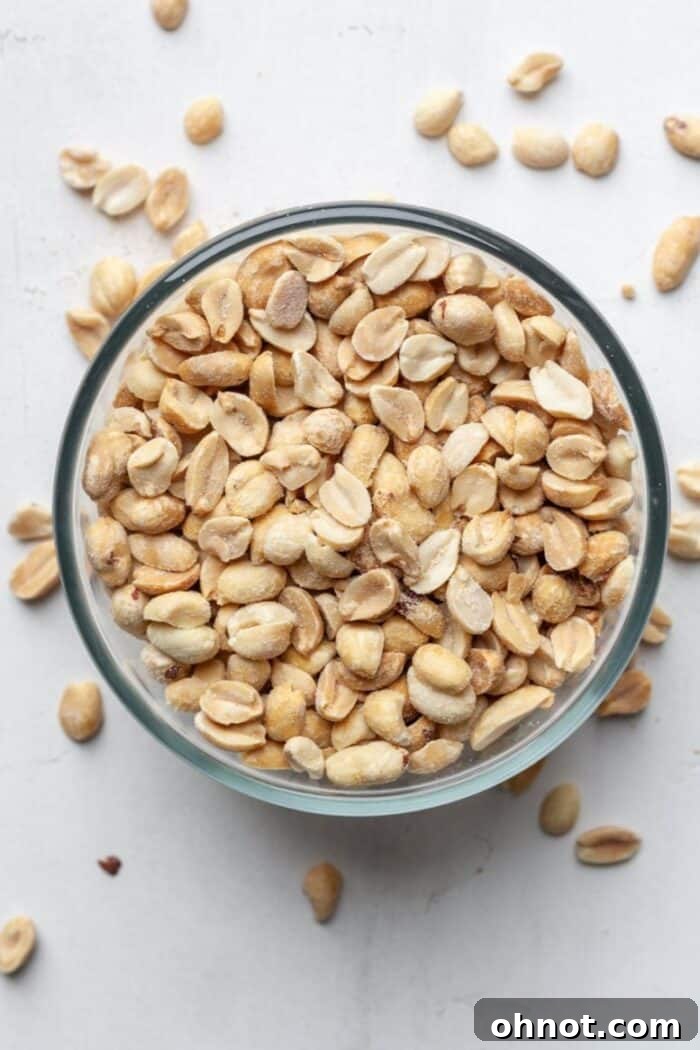 A bowl filled with dry roasted salted peanuts, ready for blending into homemade peanut butter.