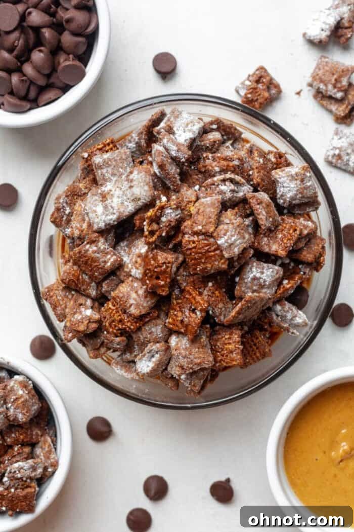 Vegan puppy chow in a bowl, dusted with powdered sugar, ready to be enjoyed.