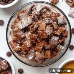 Vegan puppy chow in a bowl, ready to serve.