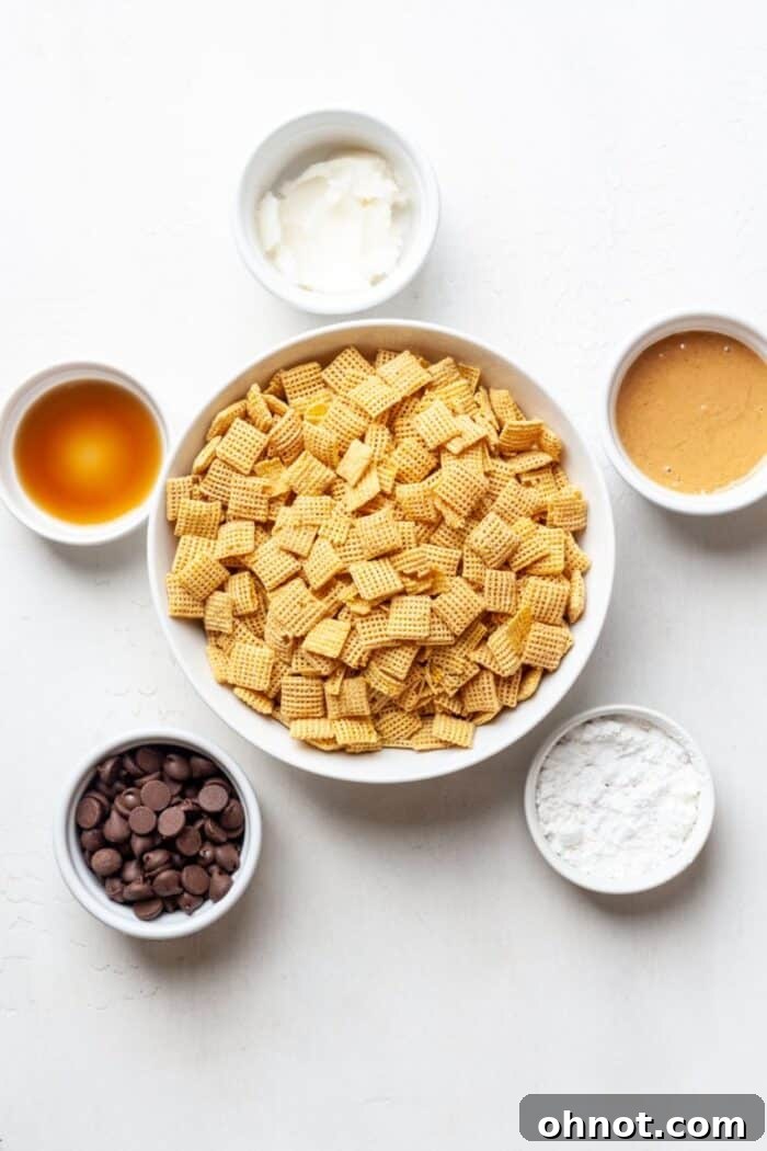 A collection of vegan muddy buddies ingredients laid out on a surface.