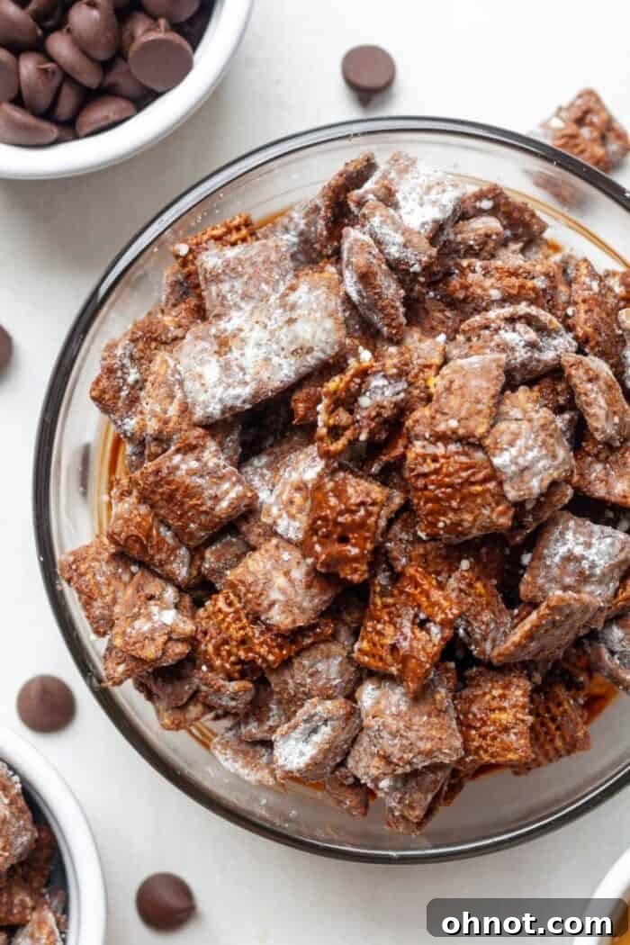 A bowl filled with vegan puppy chow, showing the delicious chocolate and powdered sugar coating.