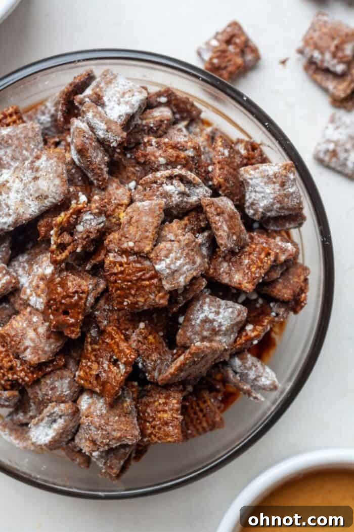 A close-up of chocolate vegan puppy chow in a bowl, showcasing the powdered sugar.