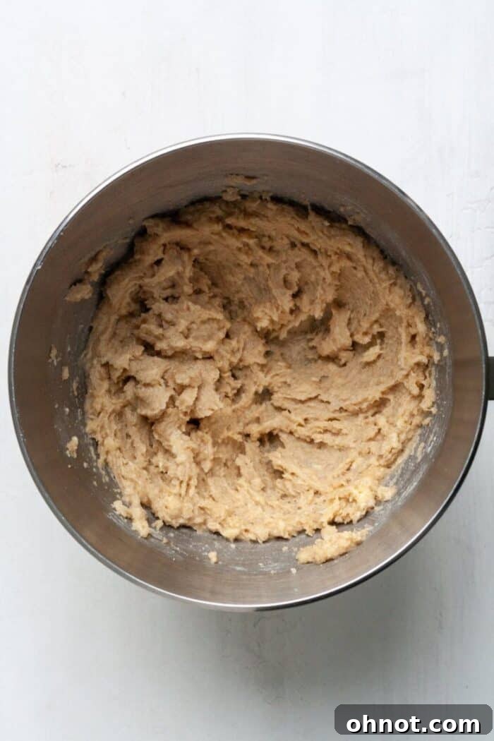 Creamy cookie dough mixture in a bowl.