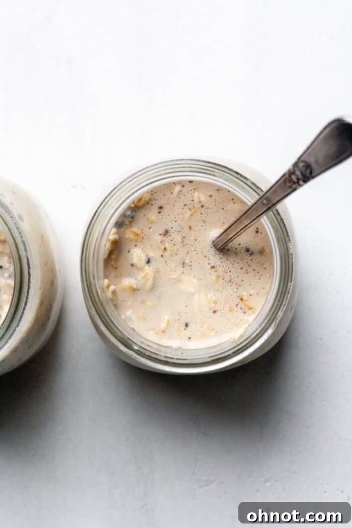 Creamy overnight oats mixture in a jar after chilling