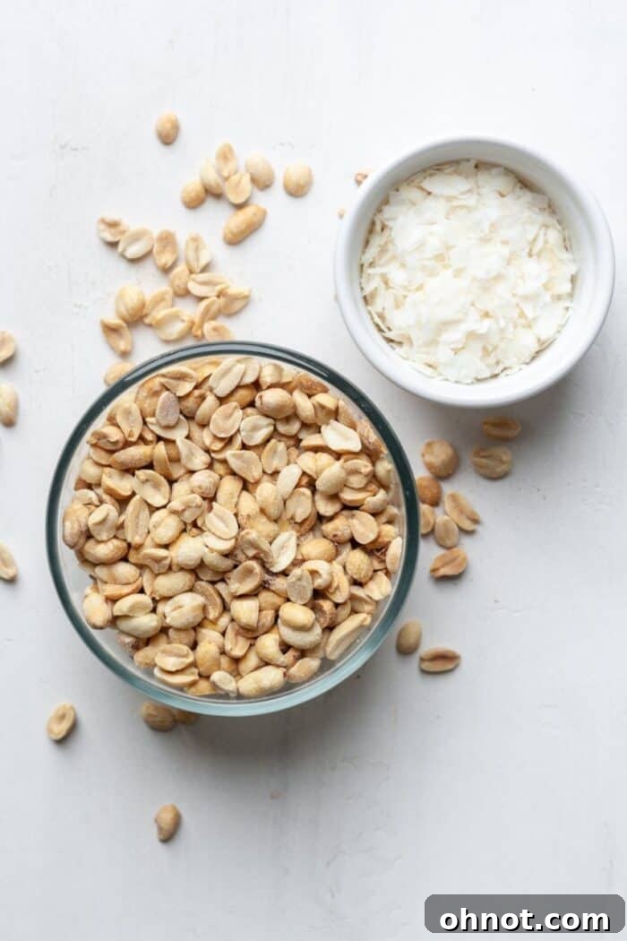 Nuts and coconut flakes in bowls