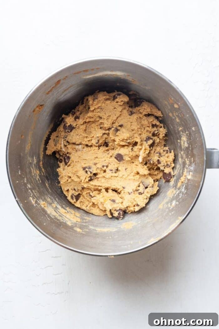 Pumpkin cookie dough in a bowl with dark chocolate chips folded in.