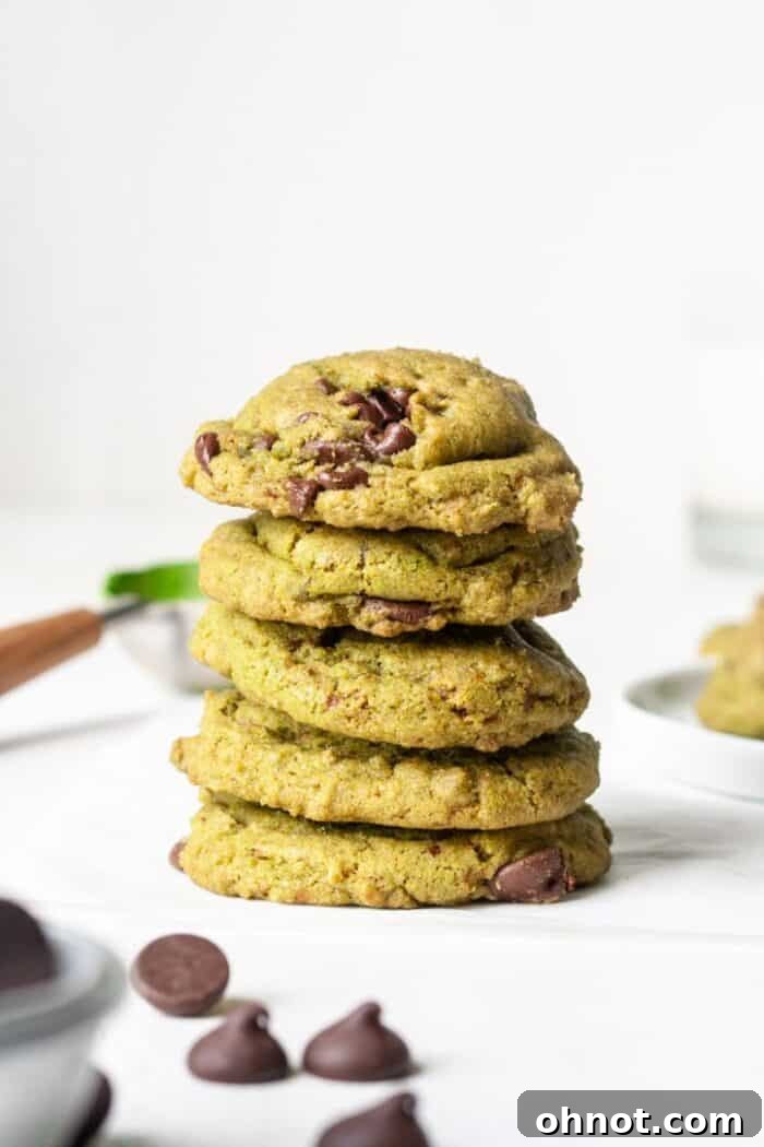 Close-up of perfectly baked matcha chocolate chip cookies with melted chocolate