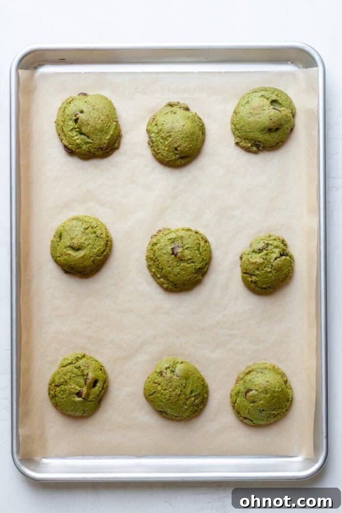 Freshly baked matcha cookies on the baking pan, just out of the oven