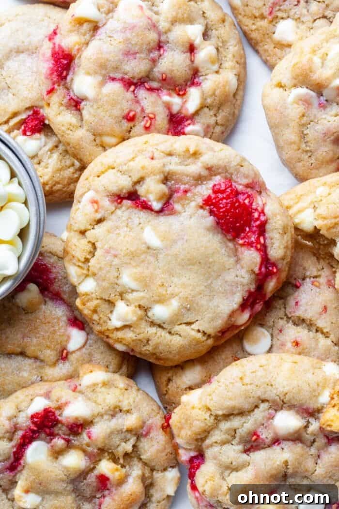 Thick and chewy Raspberry White Chocolate Cookies with golden edges