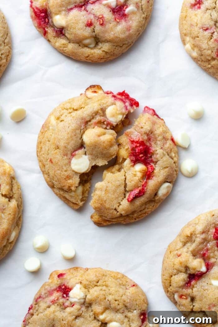 Close-up of baked cookies with visible white chocolate chips and raspberries