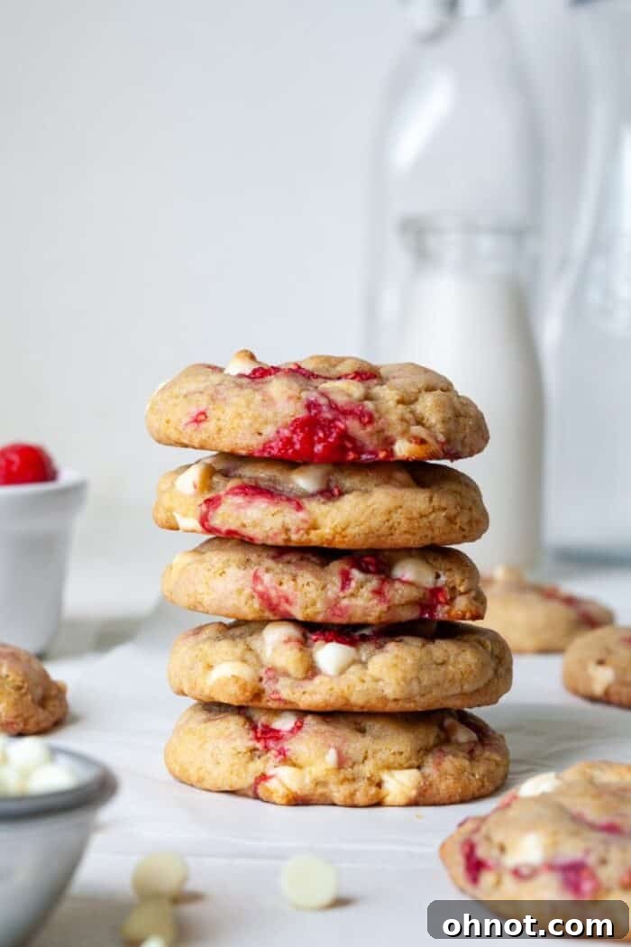 Raspberry white chocolate chip cookies served with a glass of refreshing milk