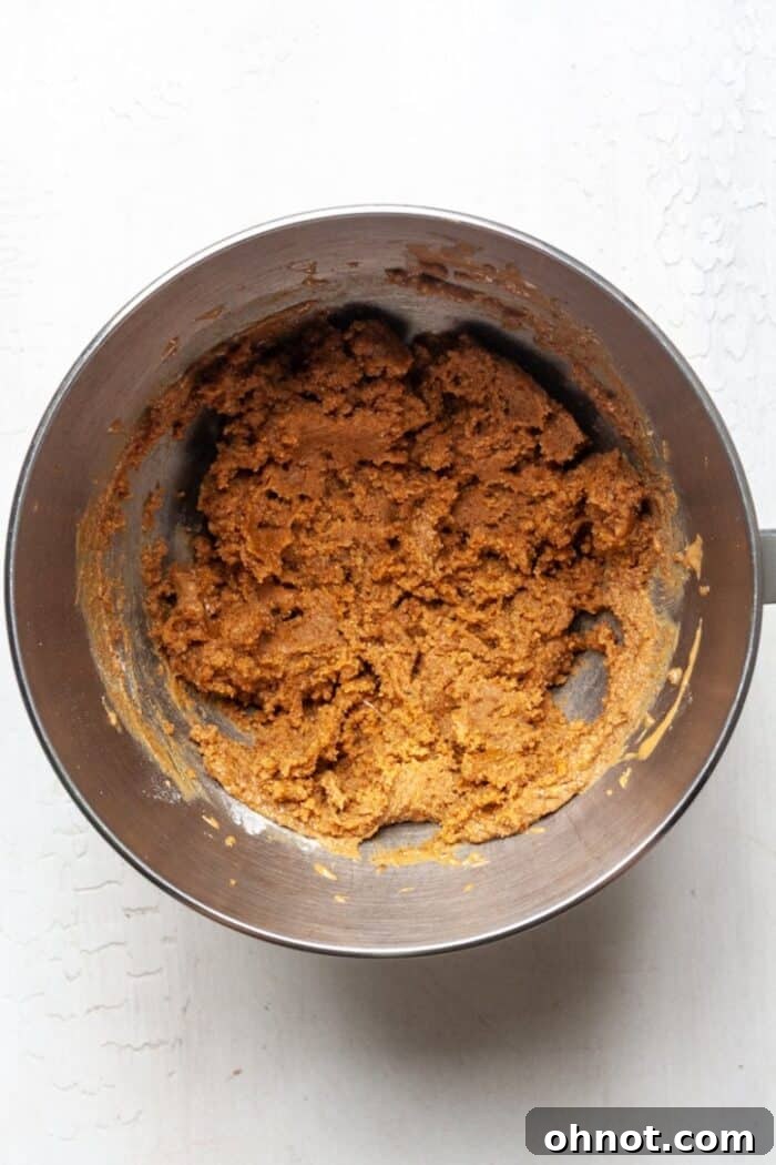 Peanut butter cookie dough in a mixing bowl after adding egg, vanilla, and baking soda.