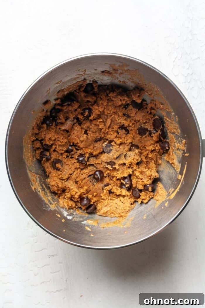 Keto chocolate chip peanut butter cookie dough with chocolate chips evenly distributed.