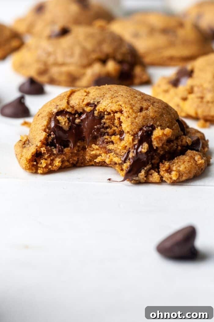 A close-up of a stack of Keto flourless peanut butter chocolate chip cookies, showcasing their rich texture.