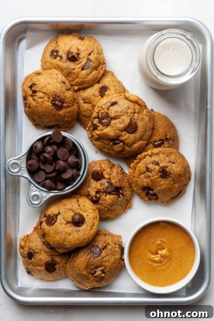 A full baking pan of freshly baked Keto peanut butter chocolate chip cookies.