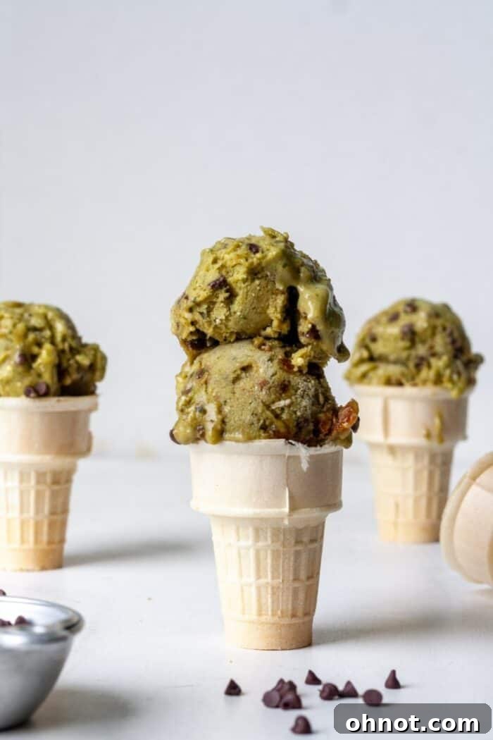 Mint chocolate chip nice cream in ice cream cones